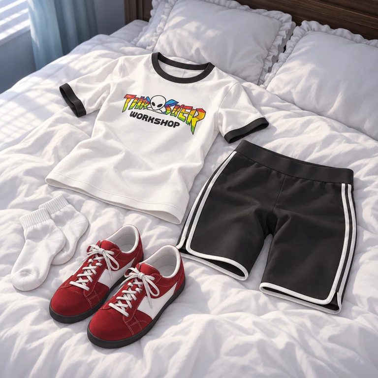Amber’s Sport outfit laid out on a white bed