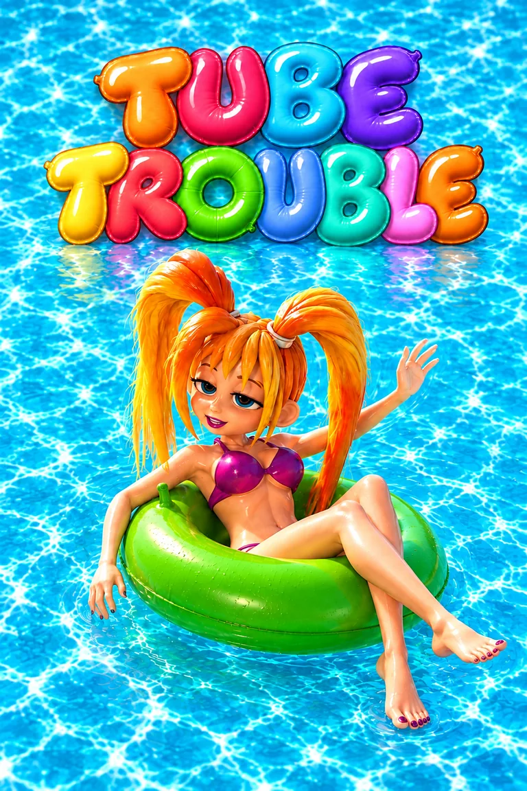 Tube Trouble’s colorful inflatable logo above Amber floating in a bright green tube on a sparkling blue pool